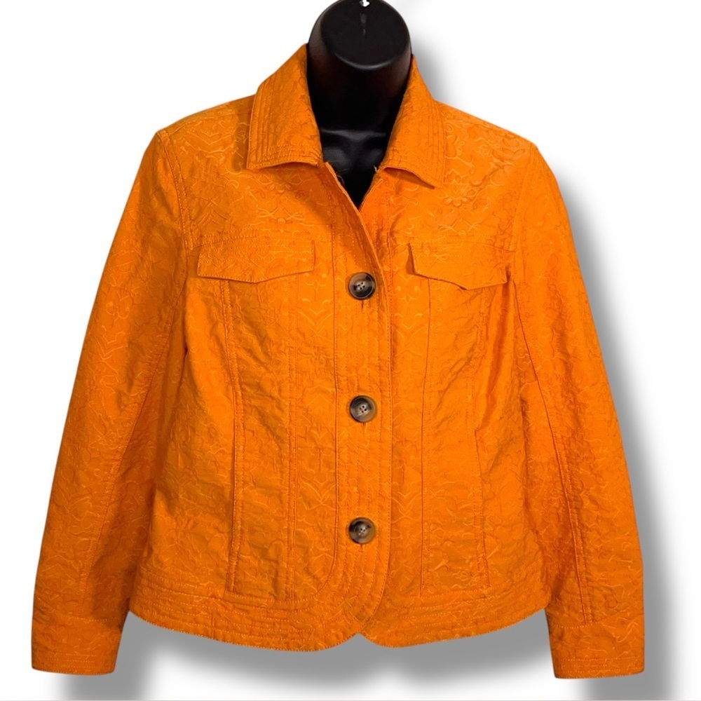 Petite 8 Coldwater Creek Orange Jacket Floral Print Button Up Blazer Cotton